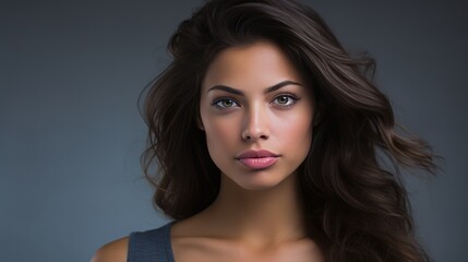 Naklejka premium Beauty portrait of a young brunette caucasian woman in a studio with a gray background, 16:9, copy space
