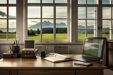 Fototapeta premium Scandinavian vintage country farmhouse style wood home working room with laptop computer and accessories wooden desk against the glass window with green meadow view 