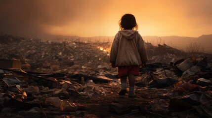 Baby girl standing alone on garbage dump