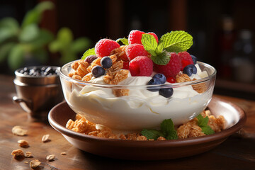 Nutritious Breakfast. Bowl of yogurt topped with fruits and granola, embodying the importance of a balanced morning meal. Generative Ai.