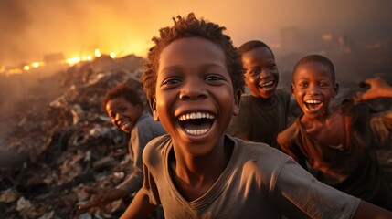 African boy with friends smiling on garbage dump - obrazy, fototapety, plakaty