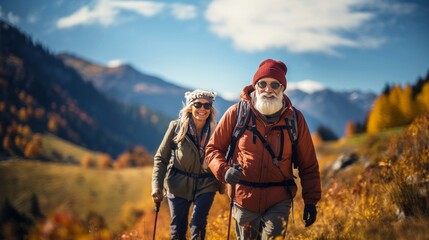 senior couple hiking outdoors in autumn