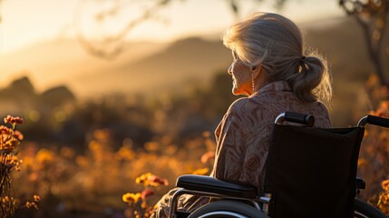 old woman in a wheelchair looking at the sunset - obrazy, fototapety, plakaty