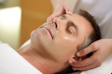 Fototapeta na wymiar Young man having facial massage and face treatment in a beauty salon.