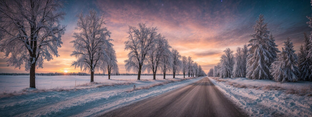 Road leading towards colorful sunrise between snow covered trees with epic milky way on the sky