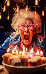 Smiling and happy elderly woman celebrates his birthday with cake with candles on it