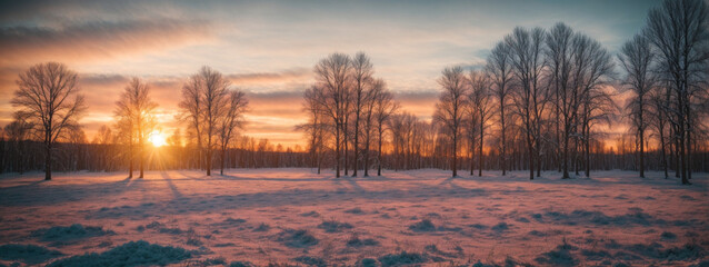 Sunset in the wood in winter period - obrazy, fototapety, plakaty