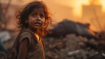 Portrait of indian baby girl crying tear on garbage dump - obrazy, fototapety, plakaty