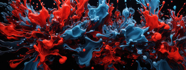 Acrylic blue and red colors in water. Ink blot. Abstract black background.