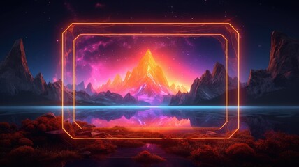 Glowing neon rectangle frame over abstract landscape. Generative AI image weber.