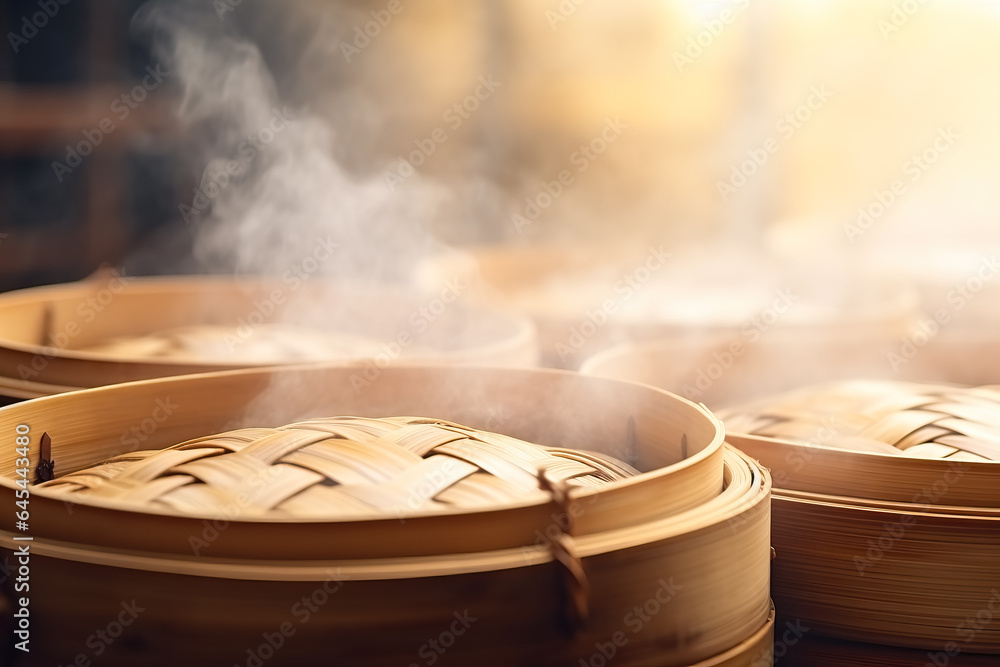 Aufkleber a close-up shot of bamboo steamers stacked on a traditional dim sum steaming basket background with 