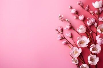 Fototapeta na wymiar Spring flowers on pink background.
