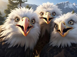 A group of eagles looking at the camera