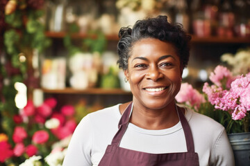 Smiling middle aged black woman florist in her flower shop - obrazy, fototapety, plakaty