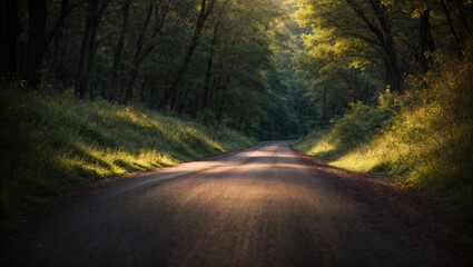 Fototapeta premium Road in dark forest, sunlight, lush greenery and grass