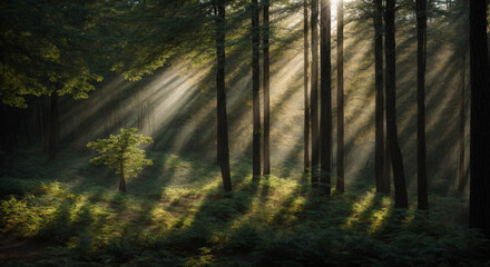 Obraz premium Beautiful rays of sunlight in a green forest