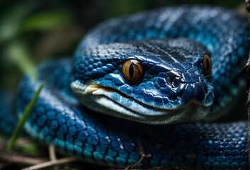 Fototapeta premium Blue viper snake closeup face
