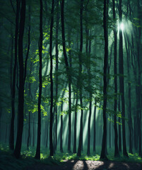 Obraz premium Beautiful rays of sunlight in a green forest