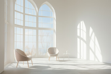Empty white, bright room interior with huge windows and sun shining through, high ceilings and armchairs