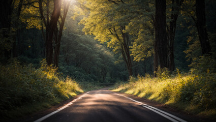 Naklejka premium Road in dark forest, sunlight, lush greenery and grass