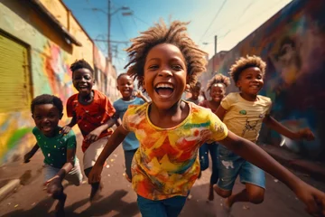 Foto op Plexiglas Group of happy black children laugh and run down the street in slum, fun carefree childhood © Balica