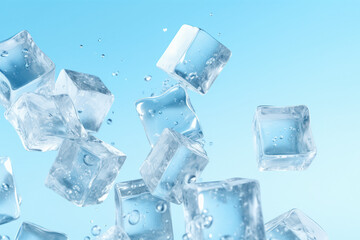 Transparent ice cubes for drinks take off with splashes of water against the blue sky