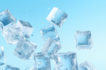 Obraz premium Transparent ice cubes for drinks take off with splashes of water against the blue sky