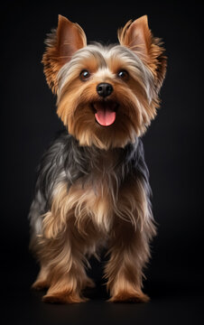 Full body front view studio portrait adorable yorkshire terrier sitting and looking in camera isolated on black background