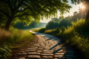 the essence of a serene countryside landscape with a paved trail cutting through it - AI Generative