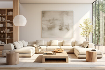 A serene monochromatic living room featuring clean lines sleek furniture and a play of light and shadows 