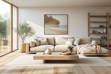 A serene monochromatic living room featuring clean lines minimalist furniture and soft natural lighting creates a calm and inviting atmosphere 