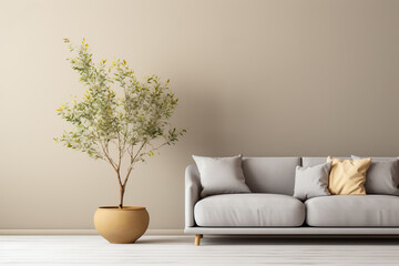 A serene monochromatic living room with minimalist decor and a clean design background with empty space for text 