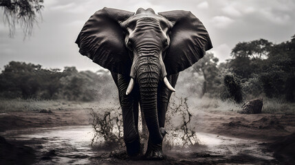 A large elephant snarling at the camera standing in the rain, muddy ground, black white and grey