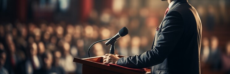 A politician speaks to an audience from the podium. Diplomatic speech, debate, demarche. Concept: Speechwriter, political activity and the will of voters. - obrazy, fototapety, plakaty