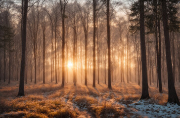 Sunset in the wood in winter period