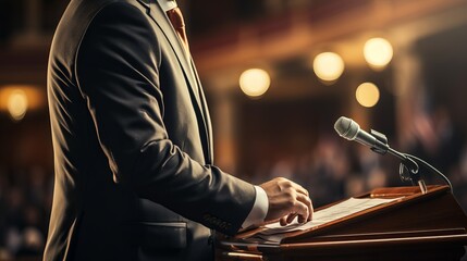 A politician speaks to an audience from the podium. Diplomatic speech, debate, demarche. Concept: Speechwriter, political activity and the will of voters.