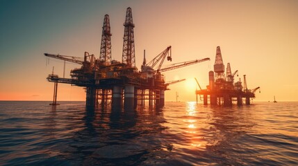 Fototapeta na wymiar Oil drilling rig in the gulf on sunset background