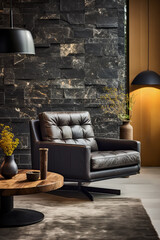 A sleek black leather chair paired with a minimalist marble side table in a monochromatic living room design 