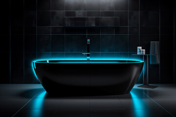 A sleek black bathtub surrounded by glass panels with a vibrant blue gradient background 