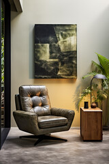 A sleek black leather chair paired with a minimalist marble side table in a monochromatic living room design 