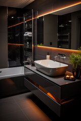 A sleek monochromatic bathroom with a floating sink and mirror illuminated by colorful LED lights 