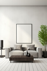 A sleek monochromatic living room with minimal furniture and clean lines background with empty space for text 