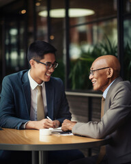 Two men from diverse ethnic and cultural backgrounds, dressed in business suits, engage in a joyful discussion about future business collaborations. Ideal for themes of diversity in the workplace.