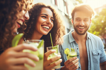 Group of young people having fun drinking mojito cocktail 