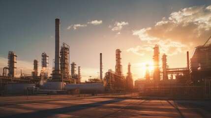 Oil industry factory on sunset background
