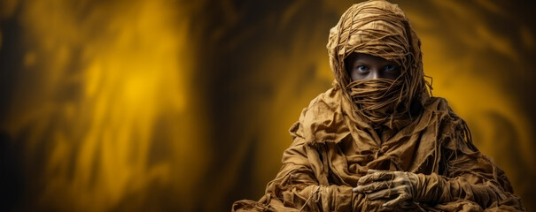 Obraz premium Child in the creepy costume of a mummy isolated on a vivid background with a place for text 