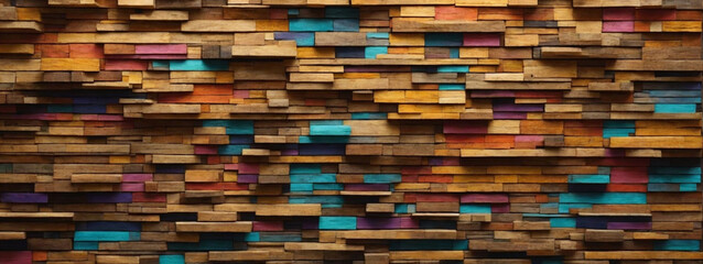 Abstract Aged Wood Architecture Texture: Colorful Block Stacks on the Wall, Ideal Background for Art and Design Projects.