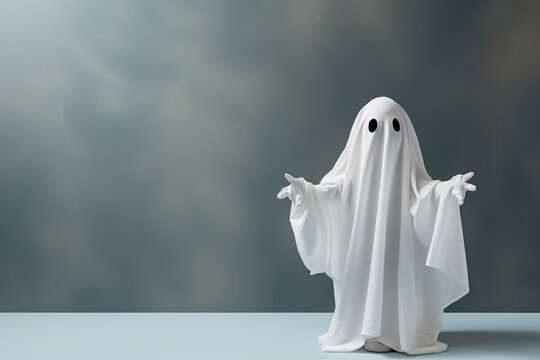 Child in the spooky costume of a ghost isolated on a vivid background with a place for text 