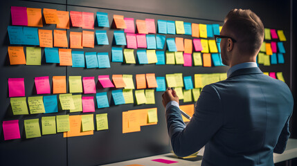 Man checking sticky notes on the wall, good planning and organized thinking concept