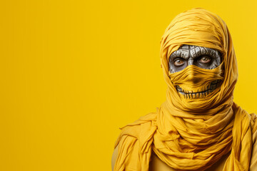 Man in the classic costume of a mummy isolated on a vivid background with a place for text 